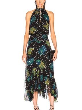 A.L.C. Kaia Black Halter Midi Dress with Teal & Green Floral Print